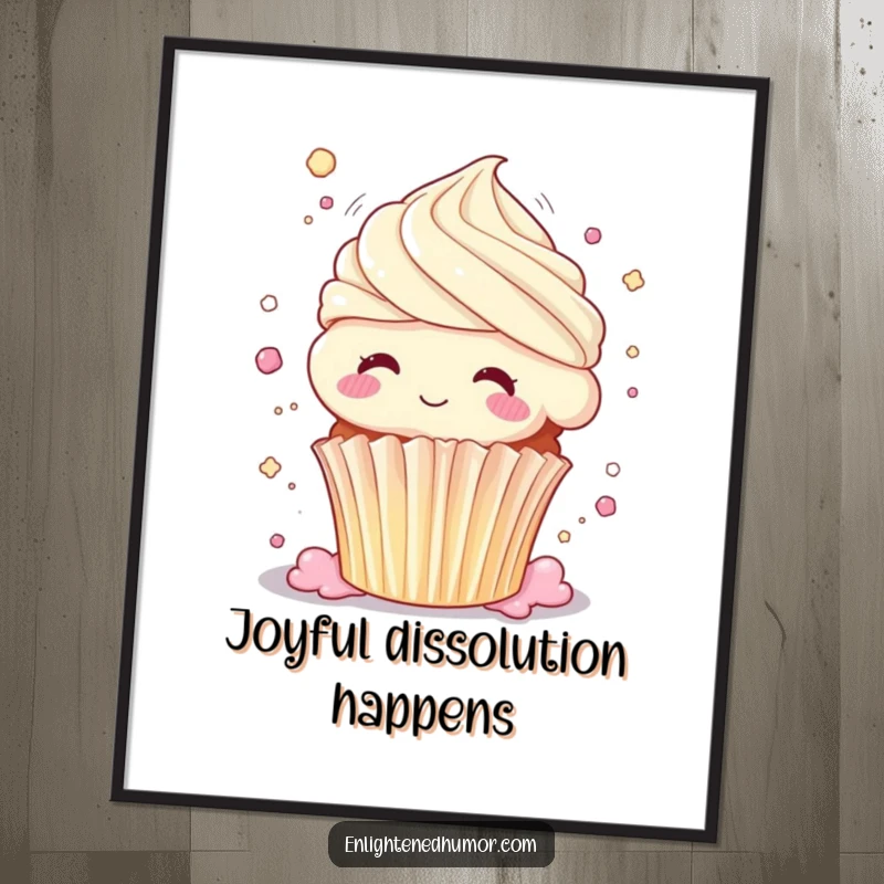 Funny cupcake poster, dissolving into pure bliss, body shimmering, sweet shimmering wall art, humorous decor.