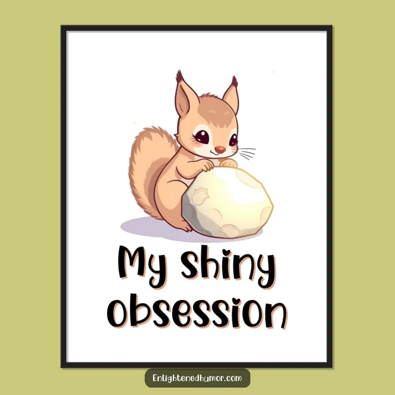 Funny Celestial Squirrel Poster: Glowing Stone Contemplation, Mystical Wall Art Gift!