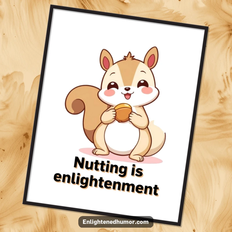 Funny kawaii squirrel spirit poster, a happy squirrel offering a nut to a floating spiritual symbol, representing mindful giving.