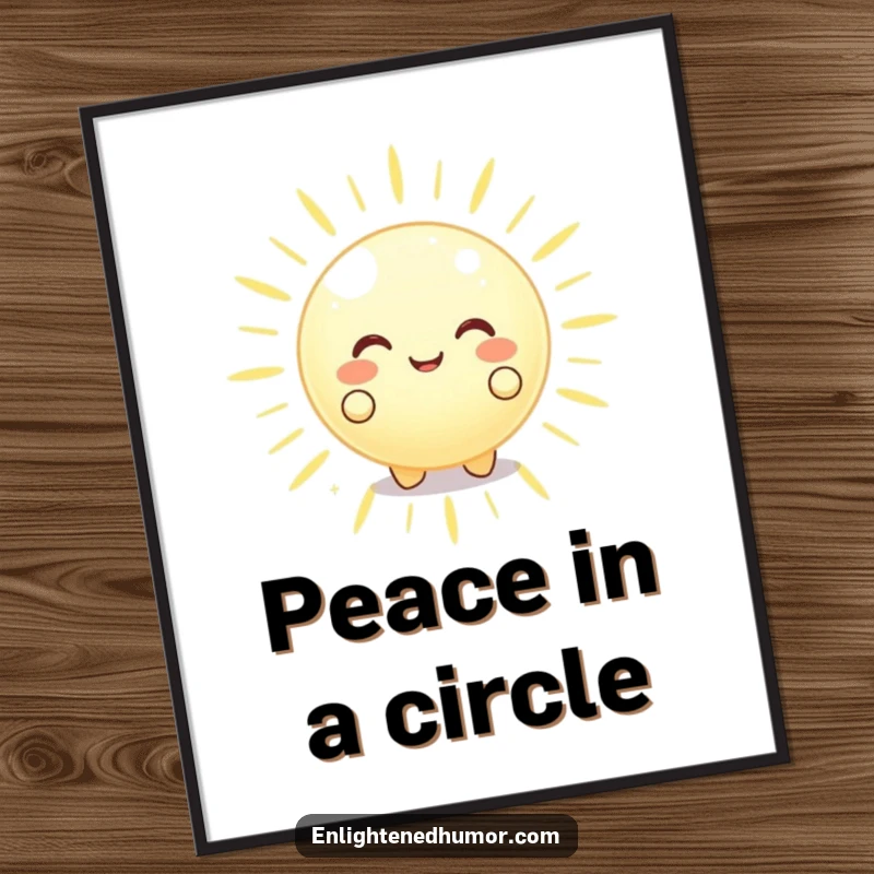 Funny happy glowing orb character radiating peaceful energy outwards, displayed as a serene and humorous wall art print.