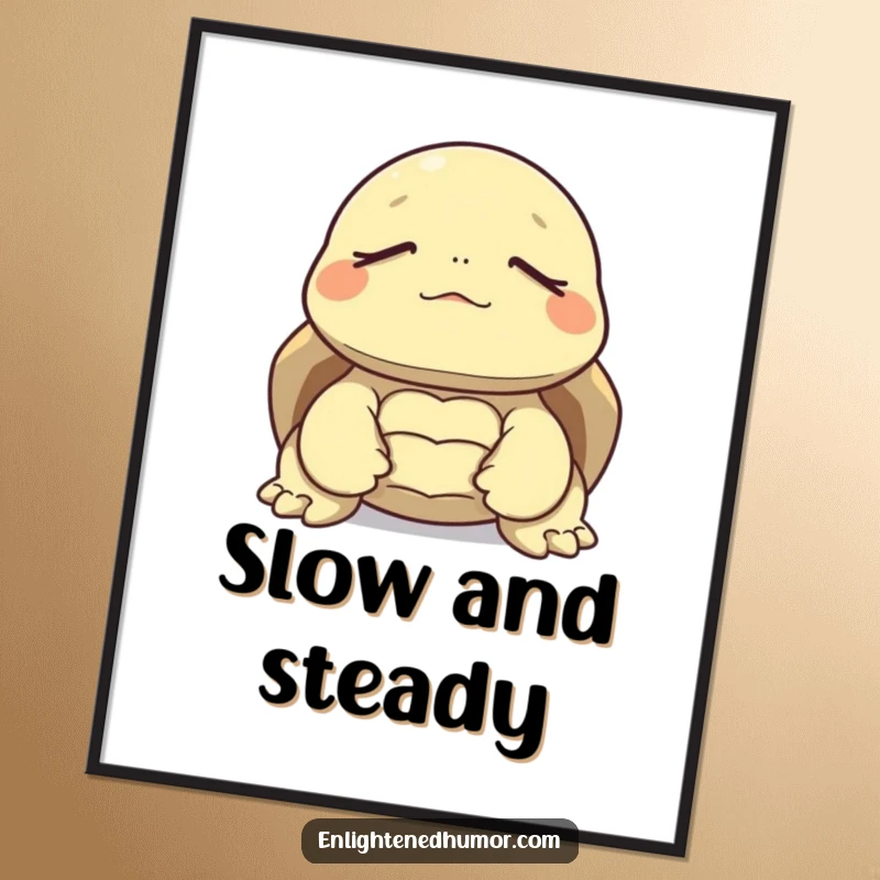 Funny poster of a tortoise in deep meditation, eyes closed, radiating peaceful vibes and understated humor.