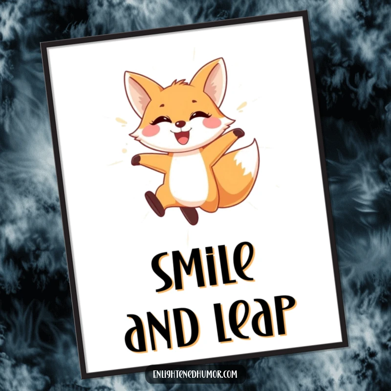 Funny Fox Poster: Art print of a playful fox leaping through shimmering light, wearing a wide smile. Captures pure joy.
