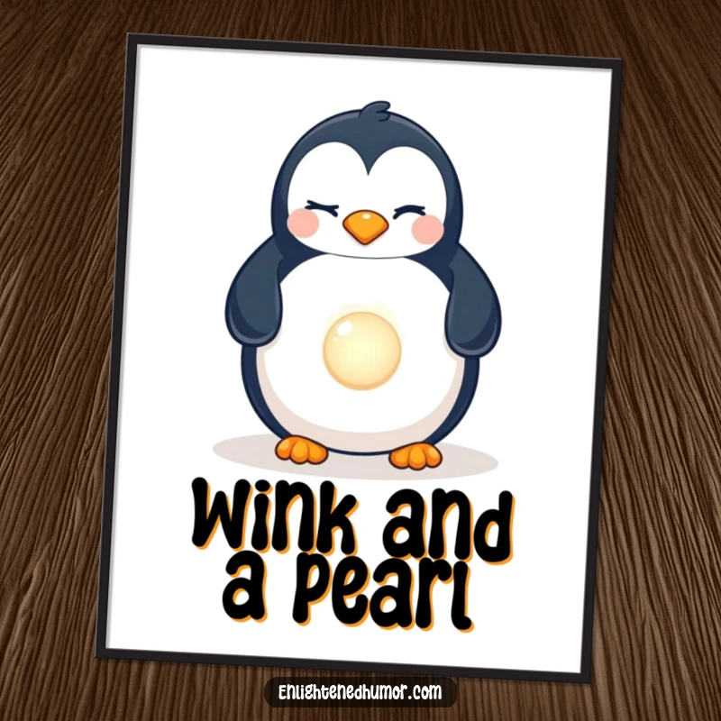 Funny Penguin Pearl Poster: A winking penguin joyfully discovering a hidden, luminous pearl, creating ocean-themed humor.