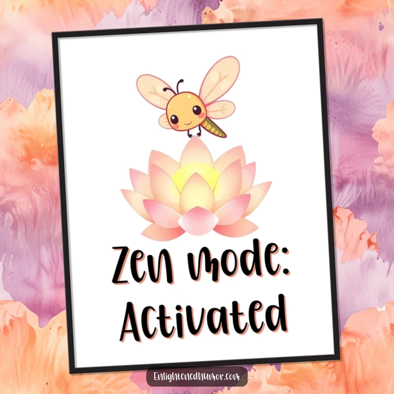 Funny kawaii dragonfly poster with a cute insect floating over a radiant lotus, creating a serene and decorative wall art.