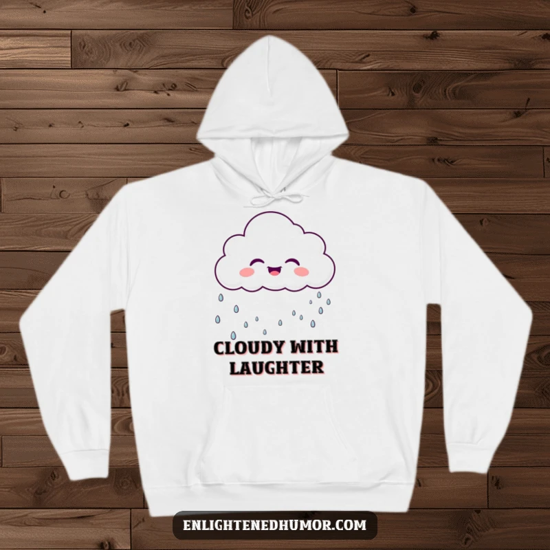 Funny laughing cloud character wearing a hoodie, raining gentle, sparkly droplets, comfortable and humorous apparel.