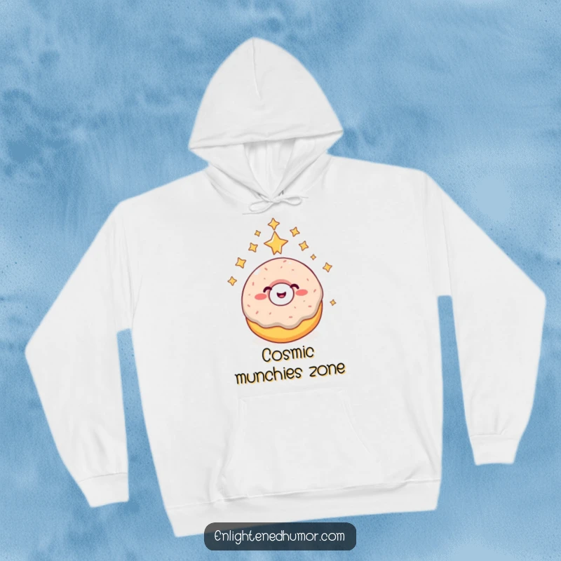 Funny donut hoodie, giggling, reaching higher consciousness, surrounded by stars, cozy cosmic gift.