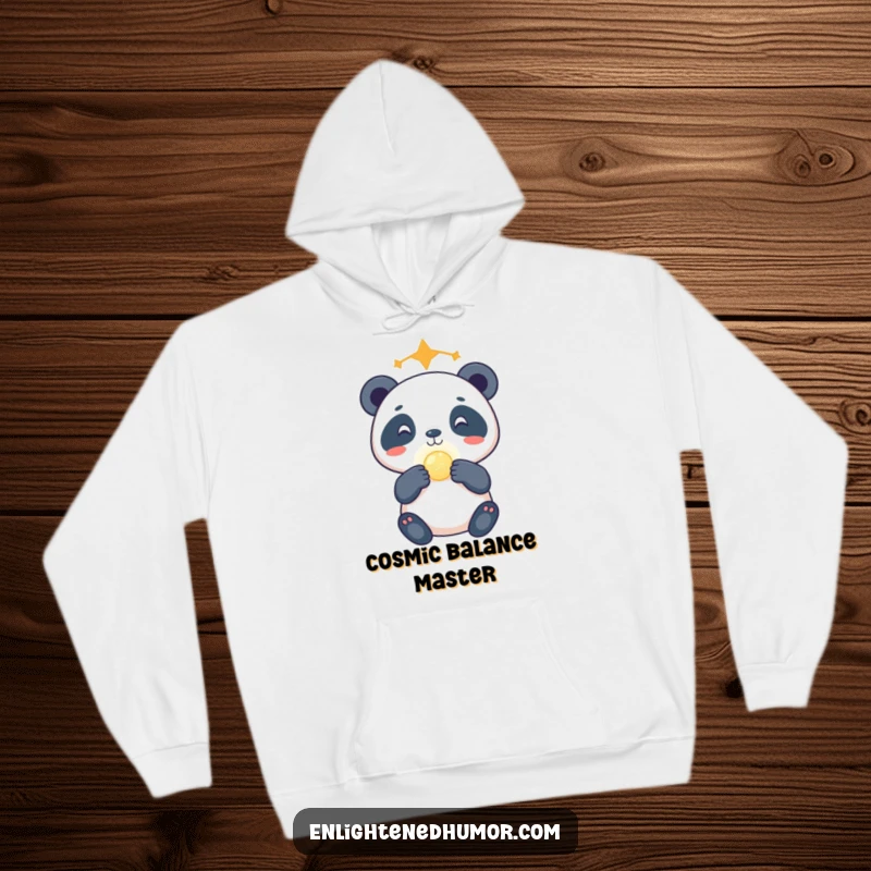 Funny celestial panda hoodie featuring a gleeful panda artistically balancing a glowing orb on its nose, radiating warmth and stellar vibes.