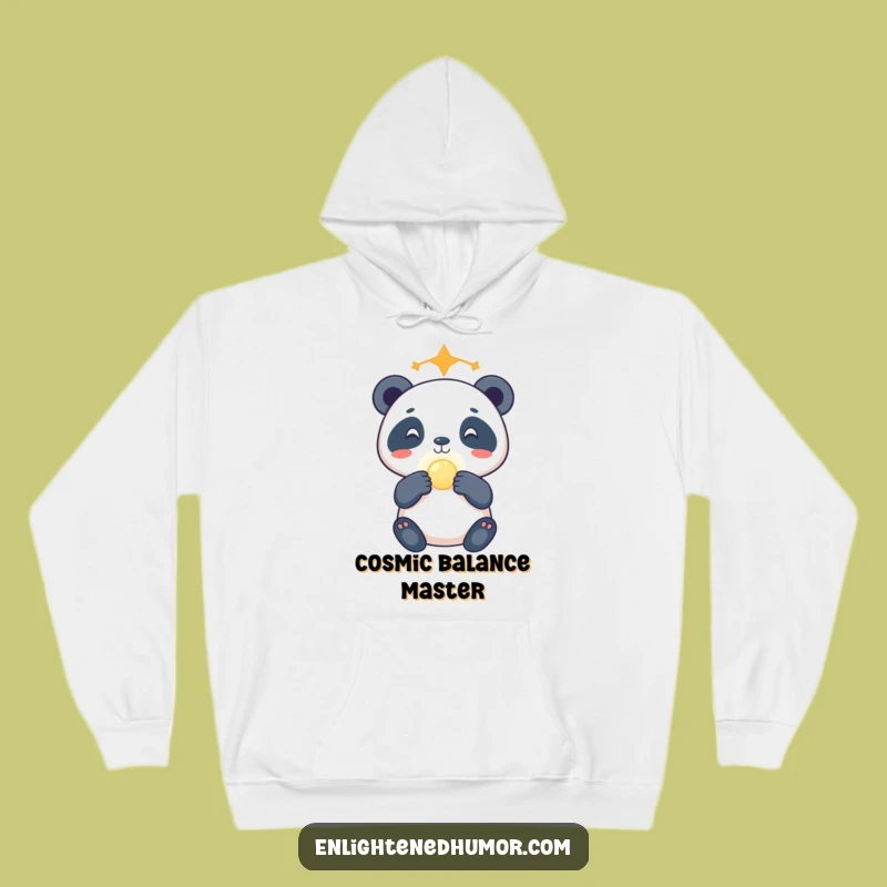 Cozy Funny Celestial Panda Hoodie: Gleeful Orb Balance - Warm & Humorous Cosmic Gift