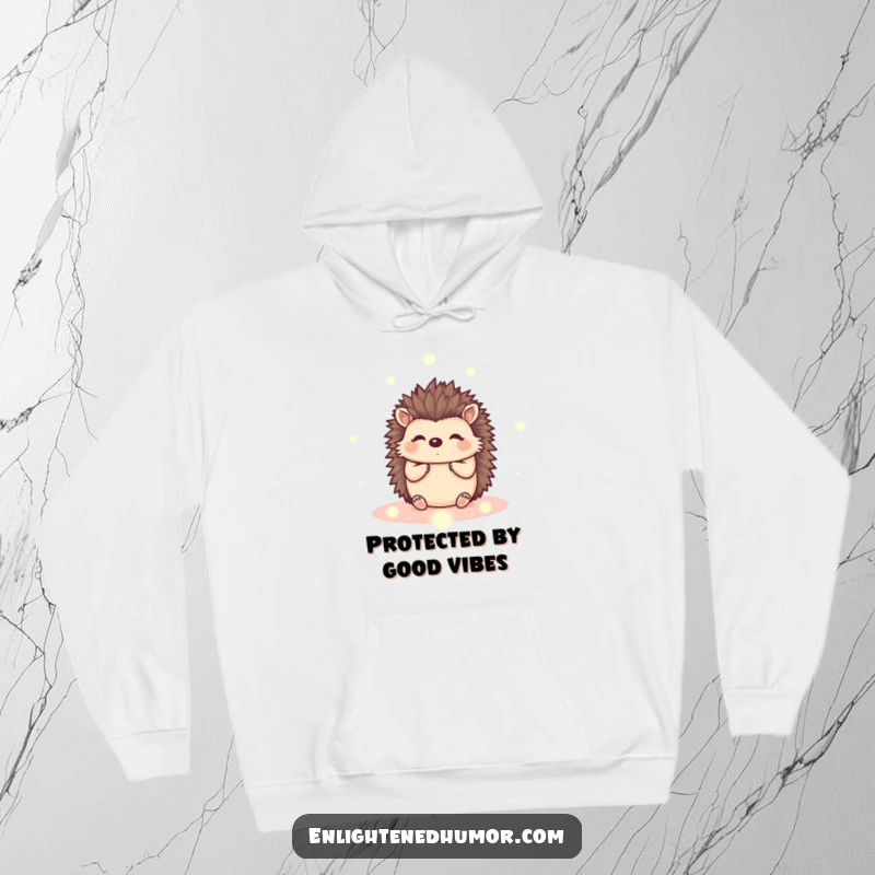 Funny kawaii hedgehog hoodie featuring a cute creature surrounded by peaceful energy orbs, offering warmth and calm vibes.