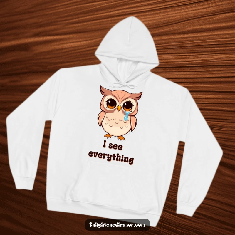 Funny kawaii owl hoodie with wide, enlightened eyes shedding a tear of joy, offering comfort and humorous wisdom.