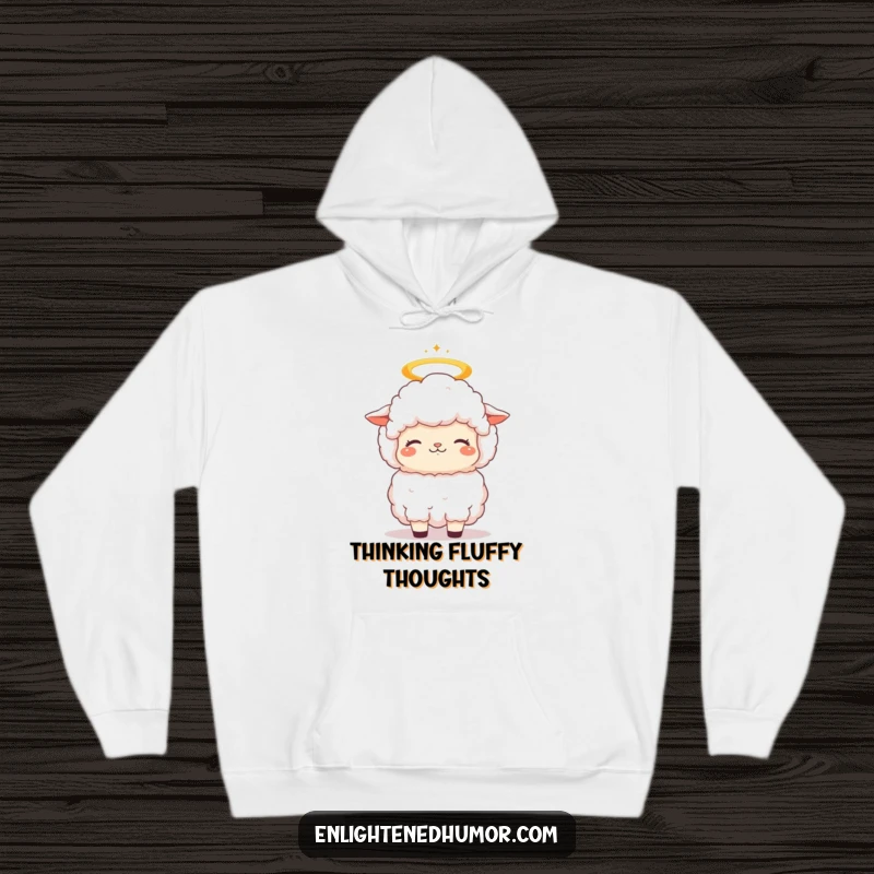 Funny fluffy kawaii sheep hoodie with a halo, its head bobbing in blissful contemplation, offering cozy and humorous comfort.