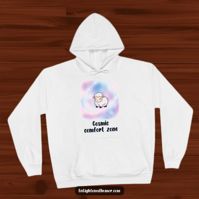 Funny hoodie featuring a serene sheep floating among vibrant nebulae, offering warmth, comfort, and a glimpse of cosmic fun.