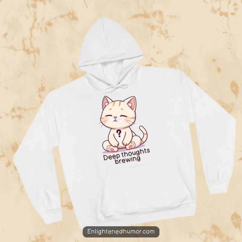 Funny Cat Hoodie: Soft hoodie with a meditating cat, tail a question mark, pondering life. Excellent funny gift.