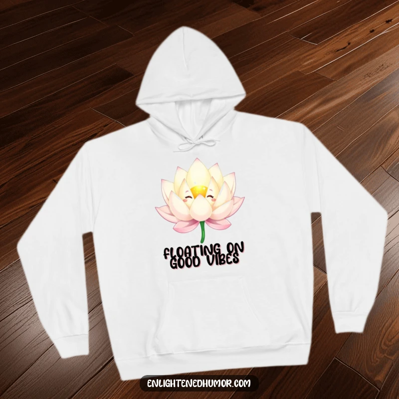 Funny hoodie featuring a sparkling lotus flower character gracefully floating, with delicate, flowing petals creating a serene image.