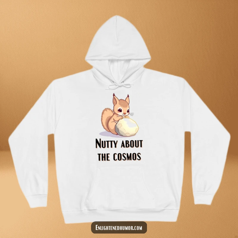 Funny celestial squirrel hoodie showing a curious squirrel deep in thought over a glowing stone, offering warmth and cosmic wonder.