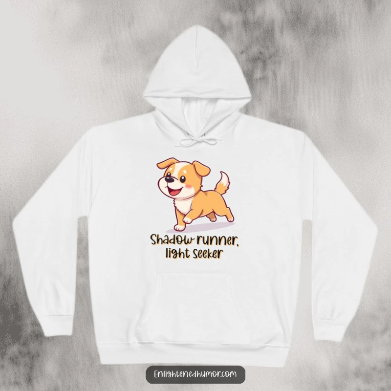 Funny dog hoodie featuring a happy, energetic dog chasing its shadow, which is turning into bright light, snug and amusing.