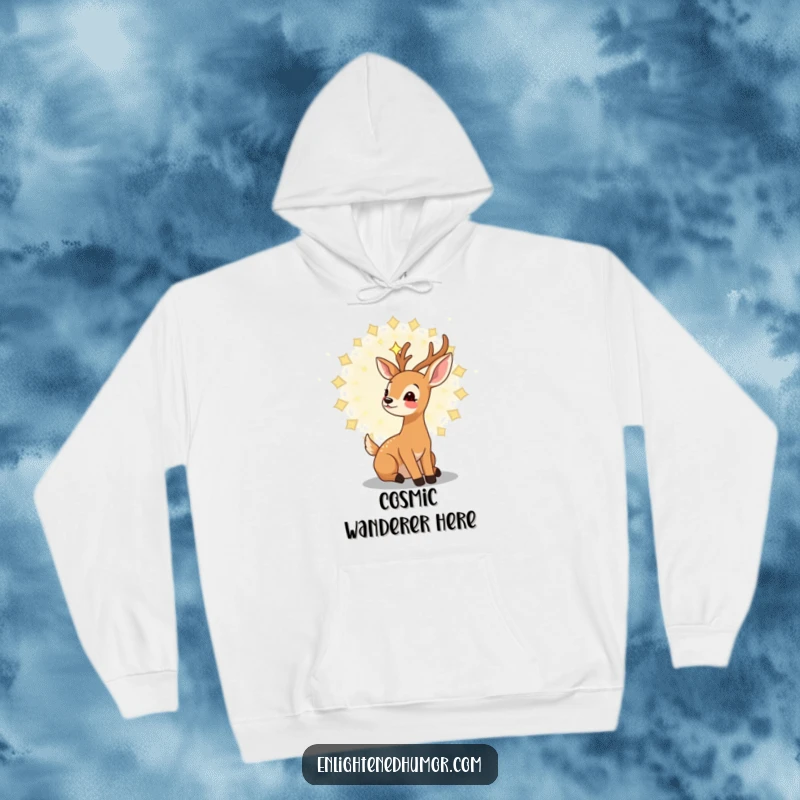 Funny kawaii deer hoodie depicting a gentle deer gazing upwards at a swirling mandala of stars, offering enchanting comfort.