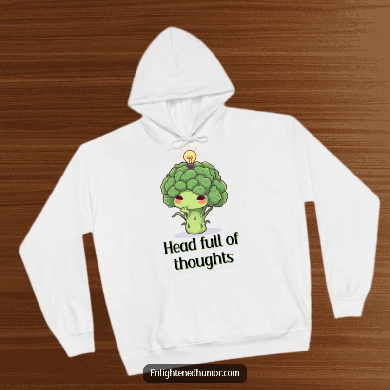 Funny broccoli hoodie, thoughtful, deep in thought, tiny lightbulb above, cozy smart wear.