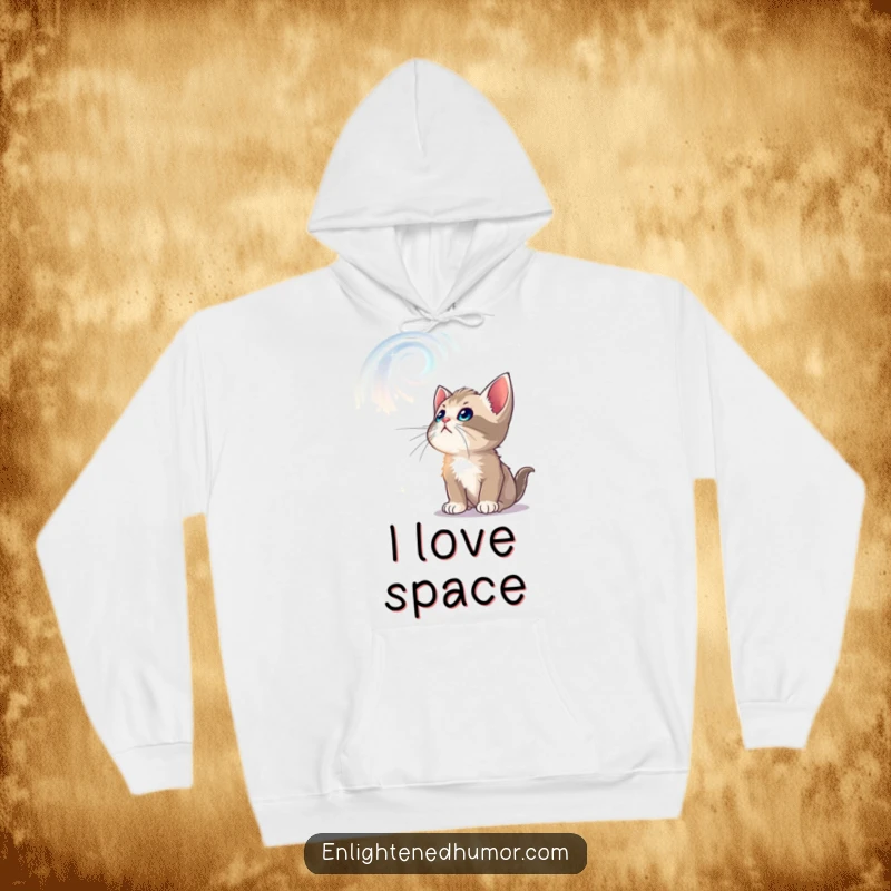 Funny hoodie featuring a curious kitten gazing upwards at swirling, luminous celestial patterns, perfect for cozy nights.