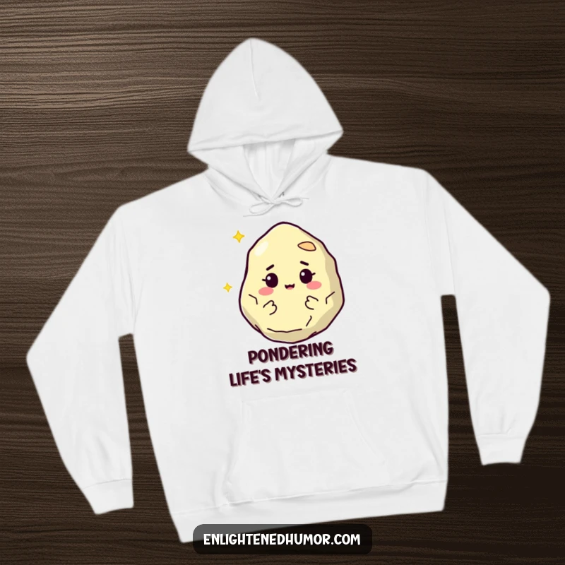 Funny hoodie depicting a wise, floating philosopher stone character with a knowing twinkle, offering warmth and intellectual humor.