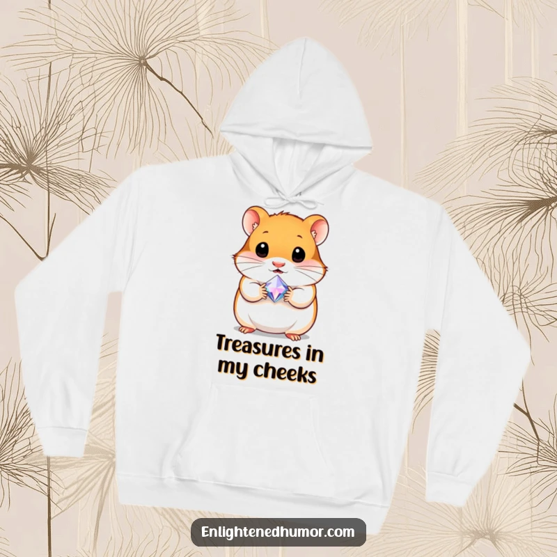 Funny hoodie featuring a curious hamster carefully holding a tiny, radiant gem, offering warmth and a charming treasure-hunting theme.