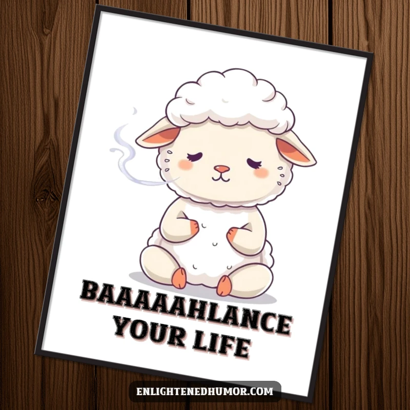 Funny Free Printable Zen Sheep Wall Art, a fluffy sheep meditating and exhaling gentle smoke, humorous downloadable decor.