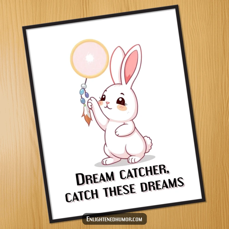Funny Free Printable wall art featuring a curious rabbit reaching for a shimmering dreamcatcher, adding whimsical decor to any room.