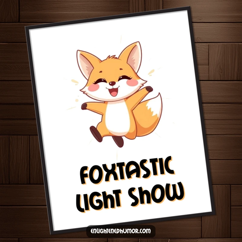 Funny Free Printable Wall Art: A playful fox with a wide, infectious smile leaps energetically through a shimmering curtain of light.