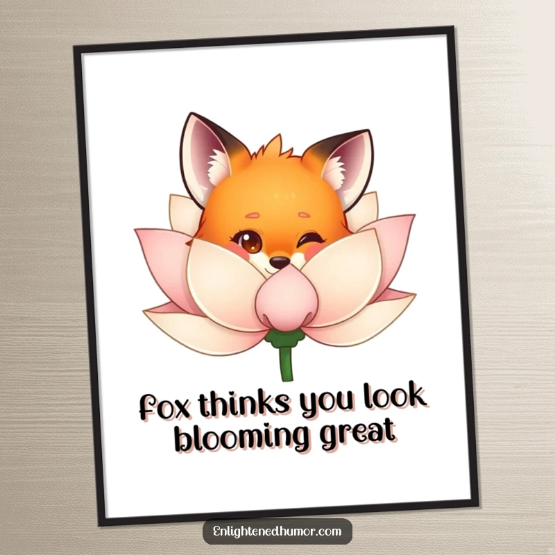 Funny free printable wall art, a sly fox curiously peeking from behind a vibrant, shimmering lotus flower.