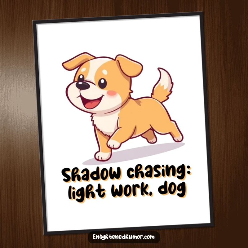 Funny Free Printable Wall Art: A happy dog enthusiastically chases its shadow as it transforms into a brilliant burst of light, capturing energy.