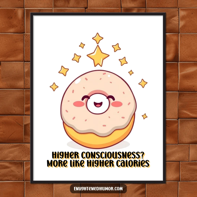 Funny Free Printable wall art of a giggling donut ascending to higher consciousness surrounded by twinkling stars, bringing cosmic joy.