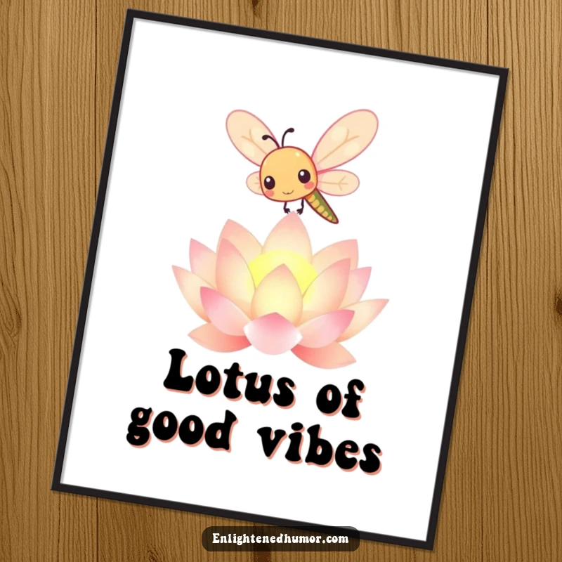 Funny Free Printable Wall Art: Playful kawaii dragonfly hovers gracefully above a radiant, glowing lotus flower, creating a serene and cheerful atmosphere.