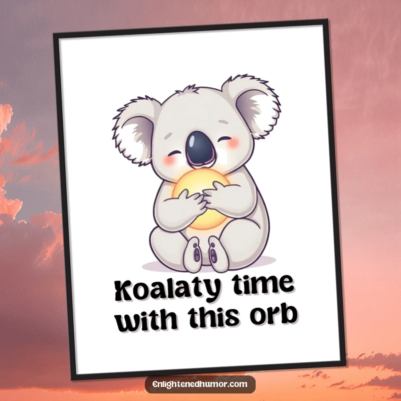 Funny Free Printable Wall Art of a serene koala embracing a radiant pulsating orb, a peaceful and humorous downloadable piece.