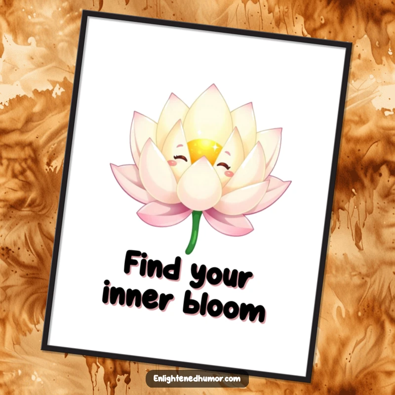 Funny Free Printable Wall Art: Sparkling lotus flower character floating dreamily, its graceful petals radiating soft light.