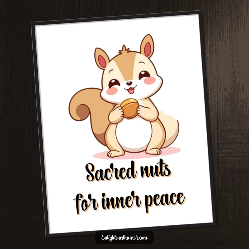 Funny Free Printable Wall Art: Happy kawaii squirrel offers a nut to a mystical floating spiritual symbol.