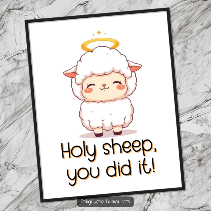 Funny Free Printable Wall Art: A fluffy kawaii sheep with a halo gently bobs its head in serene, contemplative bliss.