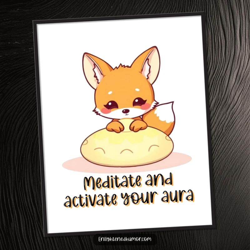 Funny Free Printable wall art of a curious kawaii fox peeking from a glowing meditation cushion, embodying peaceful, humorous decor.