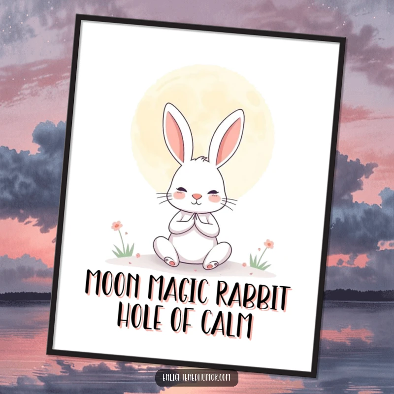 Funny Free Printable Wall Art: Determined rabbit peacefully meditating under a giant, serene moon, exuding calm humor.