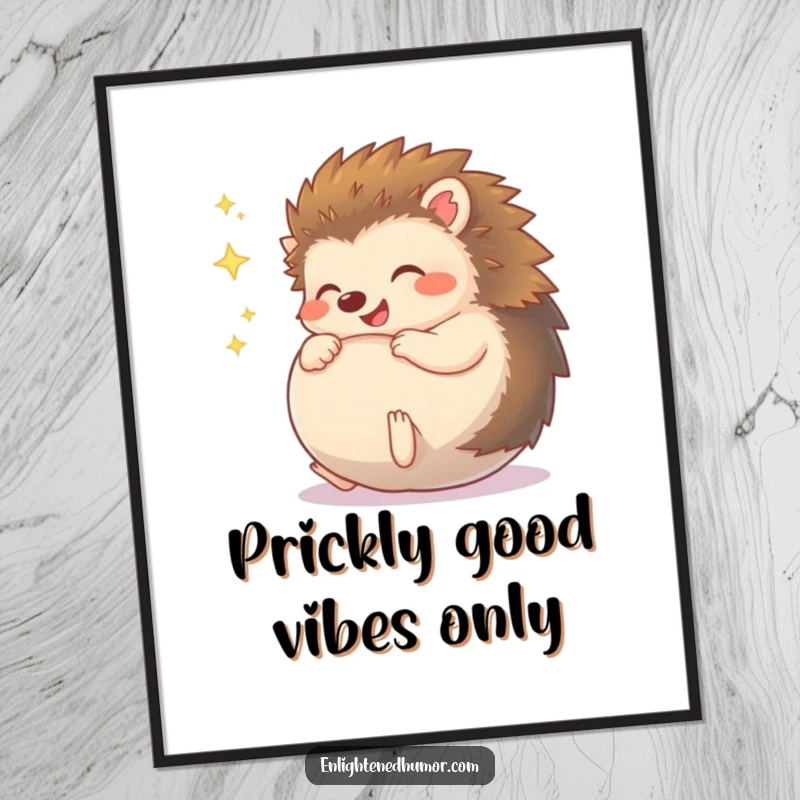 Funny Free Printable Wall Art: Giggling hedgehog character joyfully rolls into a sparkling ball, a whimsical decor piece.
