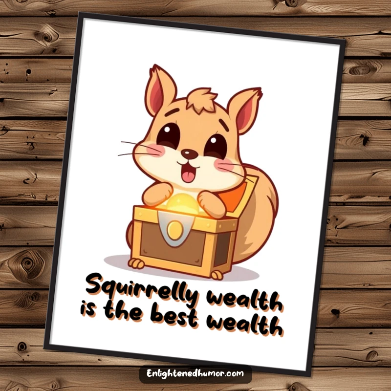 Funny free printable wall art, a wide-eyed, surprised squirrel uncovering a brightly glowing treasure chest, full of riches.