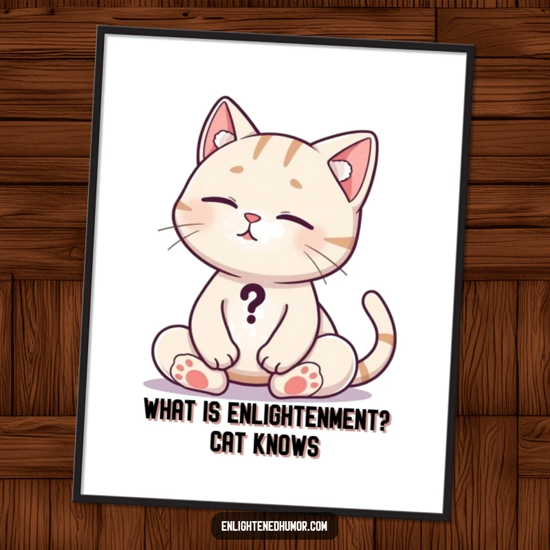Funny Free Printable Wall Art: A curious cat in deep meditation, its tail forming a question mark.