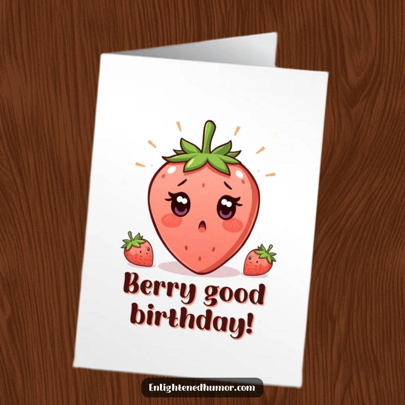 Funny Free Printable Birthday Card: A surprised strawberry wide-eyed with a sudden enlightenment, bringing a bright, joyful birthday message.