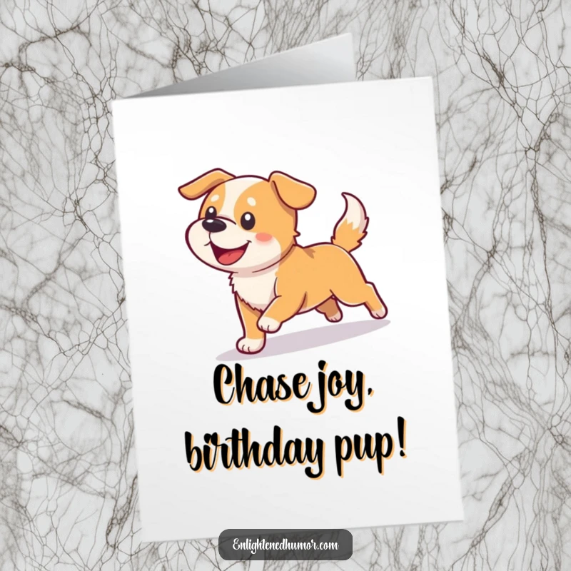 Funny Free Printable Birthday Card: A joyful dog gleefully chases its shadow, which morphs into a radiant beam of light, celebrating fun.