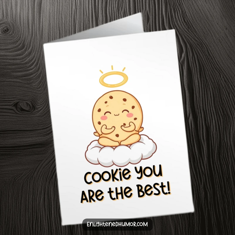 Funny Free Printable Birthday Card: An exuberant cookie meditating on a cloud, a halo appearing above for a blessed birthday wish.