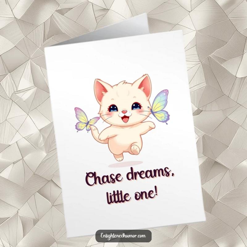 Free printable birthday card showing a happy kitten playfully chasing a shimmering butterfly with radiant wings, full of energy.