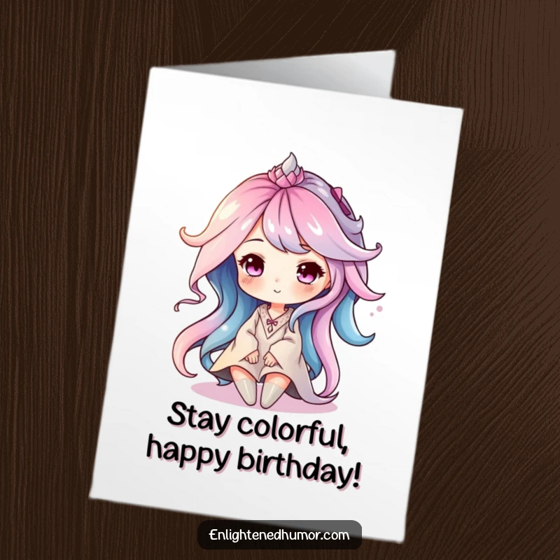 Funny Free Printable Birthday Card: Serene aura character composed of soft, swirling colors, radiating peace.