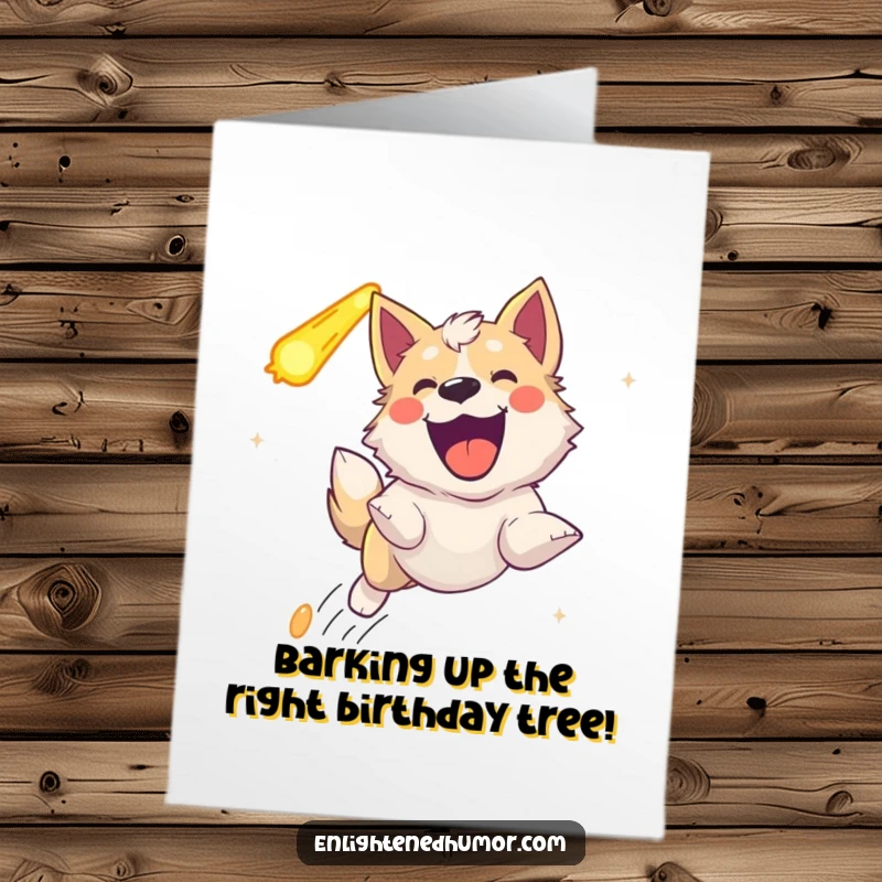 Funny Free Printable birthday card of a joyful celestial dog joyfully chasing a comet across a starry sky.