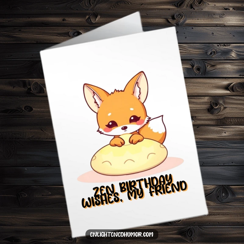 Funny Free Printable birthday card featuring a curious kawaii fox peeking from behind a glowing meditation cushion, radiating peaceful vibes.