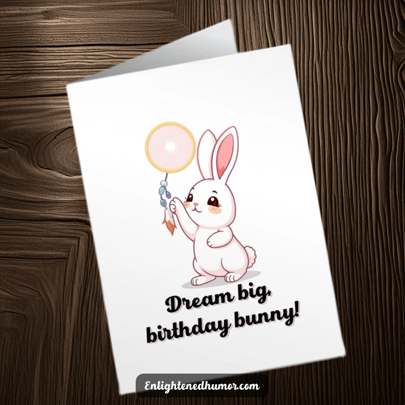 Funny Free Printable birthday card featuring a curious rabbit reaching for a magical dreamcatcher, perfect for a unique gift.
