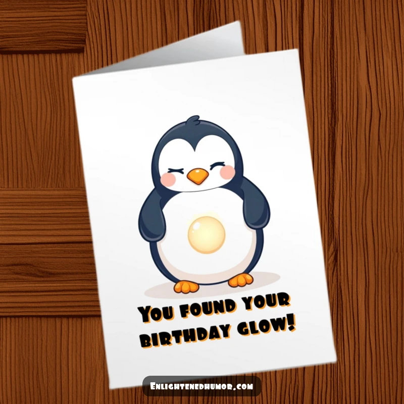 Funny Free Printable Winking Penguin Birthday Card, penguin winking and finding a luminous pearl, humorous treasure birthday greeting.